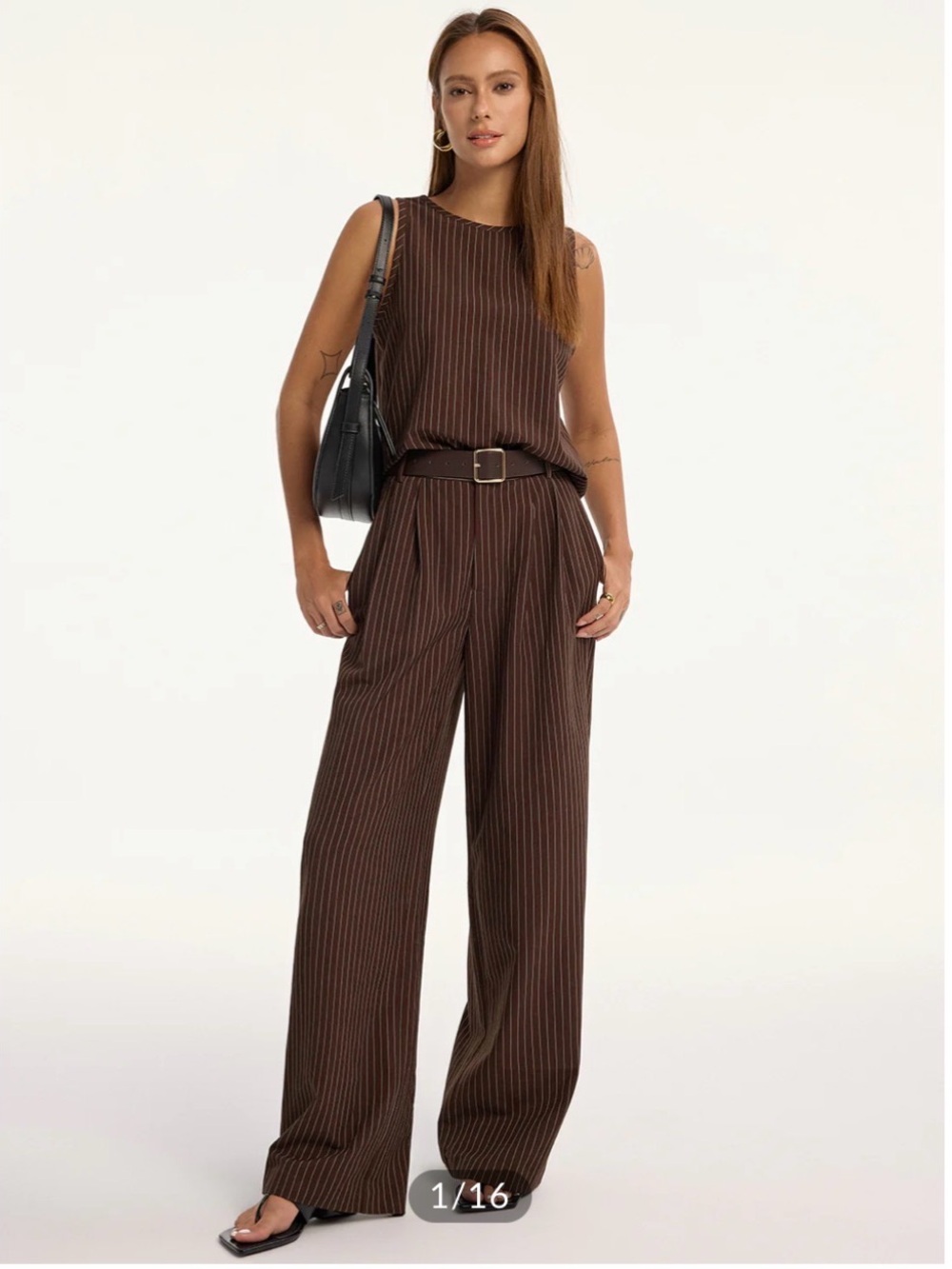 Striped Brown Wide-Leg Jumpsuit with Belt - Picture 1 of 6